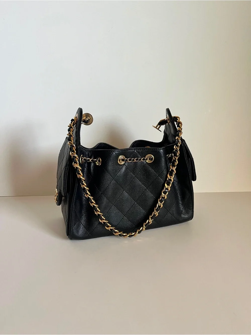 Chanel MINI 25 Black Quilted Leather Bucket Bag with Gold Chain